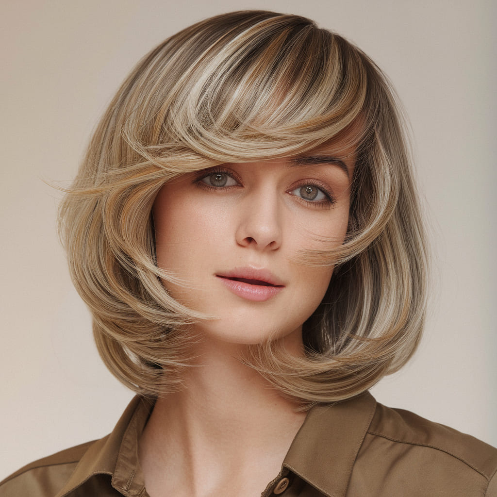 Sleek Fluffy Bob with Face Framing Highlights