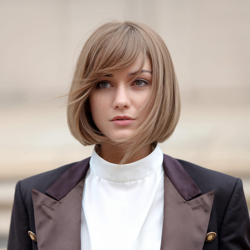 Sleek Fluffy Bob with Side Swept Bangs