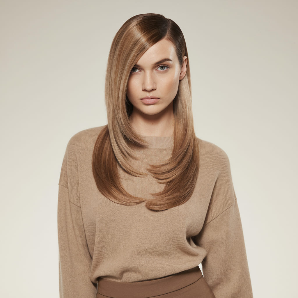 Sleek Long Layers with a Deep Side Part