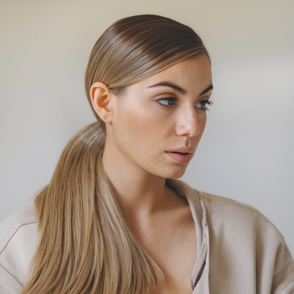 Sleek Low Ponytail with Defined Part