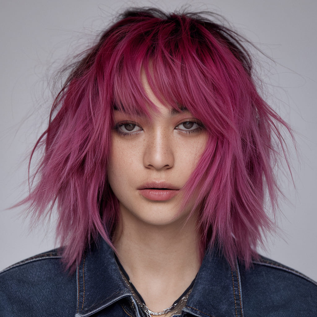 Bold Magenta Balayage Wolf Cut with Edgy Layers