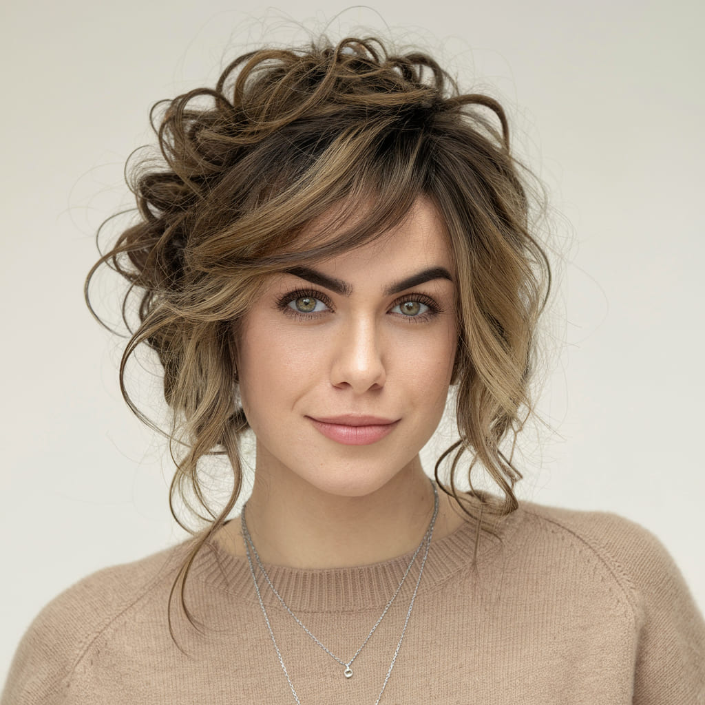 Curly Layered Updo with Side Swept Bangs