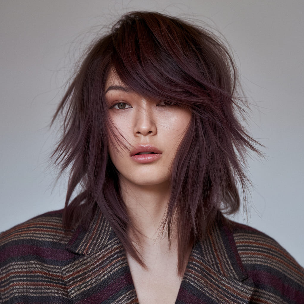 Deep Plum Balayage with Layered Volume