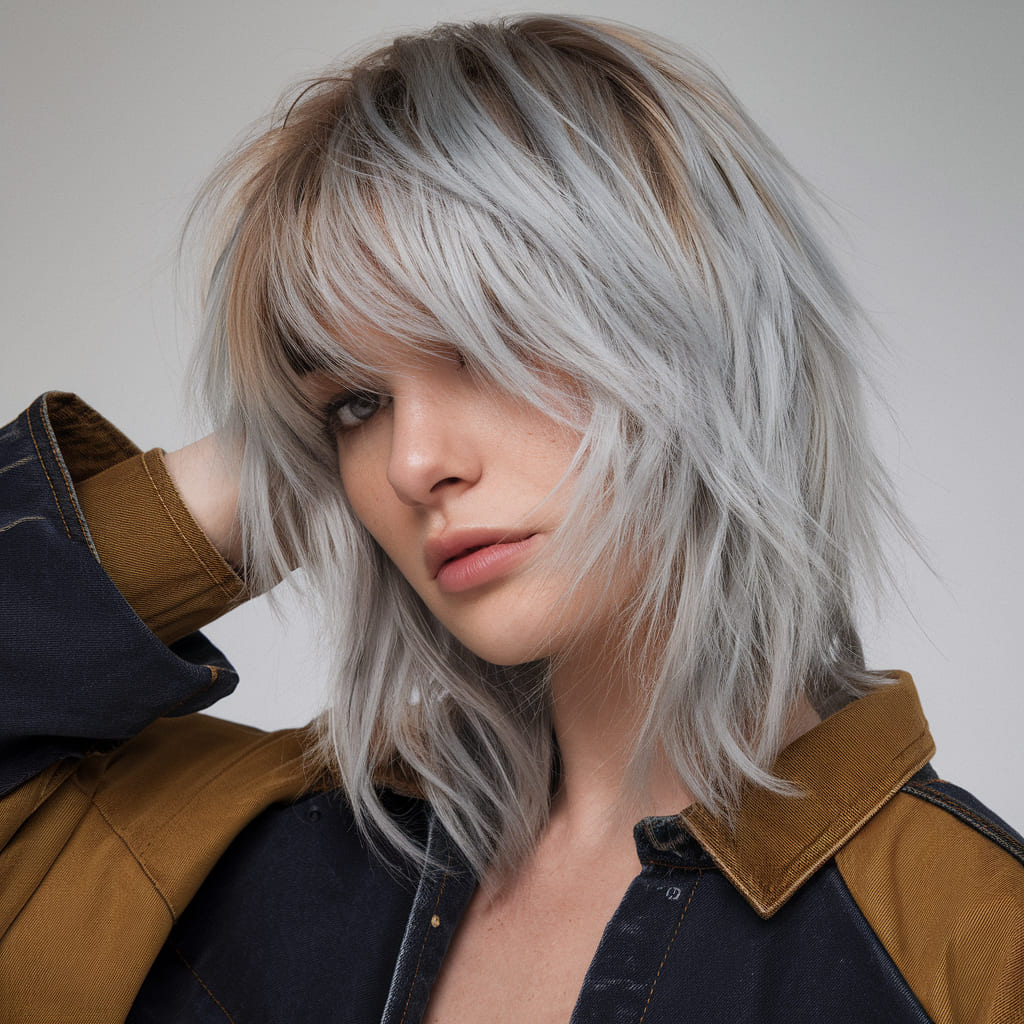 Icy Silver Balayage Wolf Cut with Bold Layers