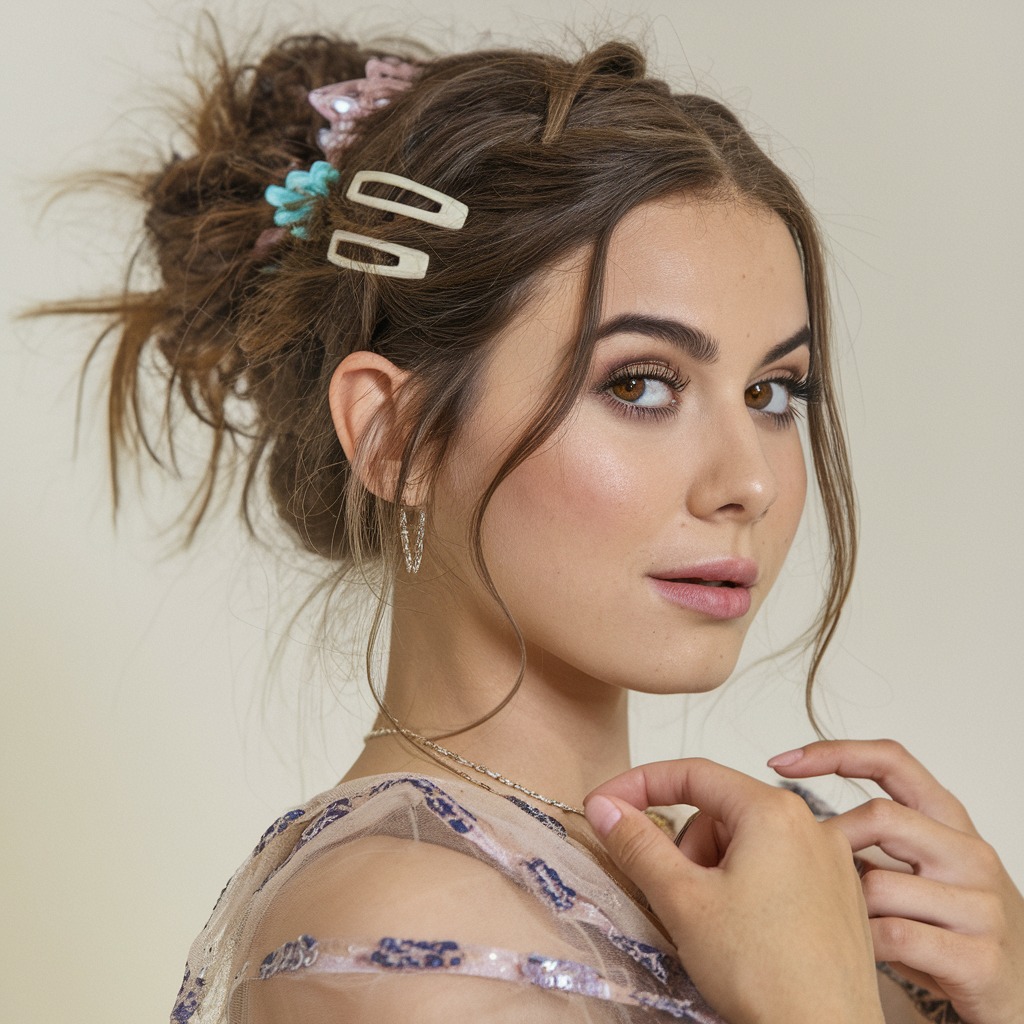 Messy Bun with Statement Hair Clips