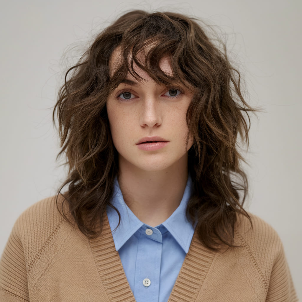 Natural Shaggy Curls with Soft Bangs