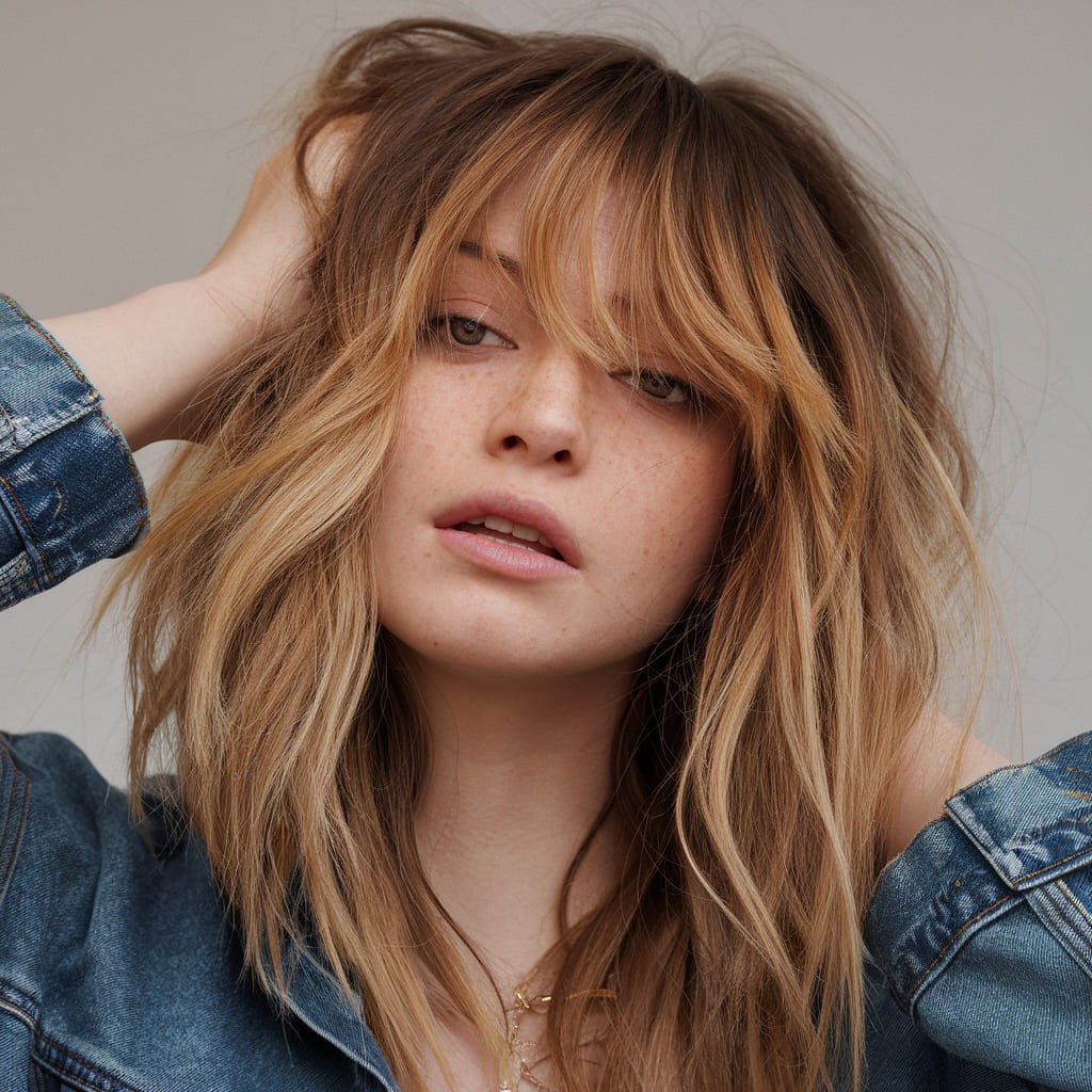 Natural Sun Kissed Balayage with Flirty Bangs