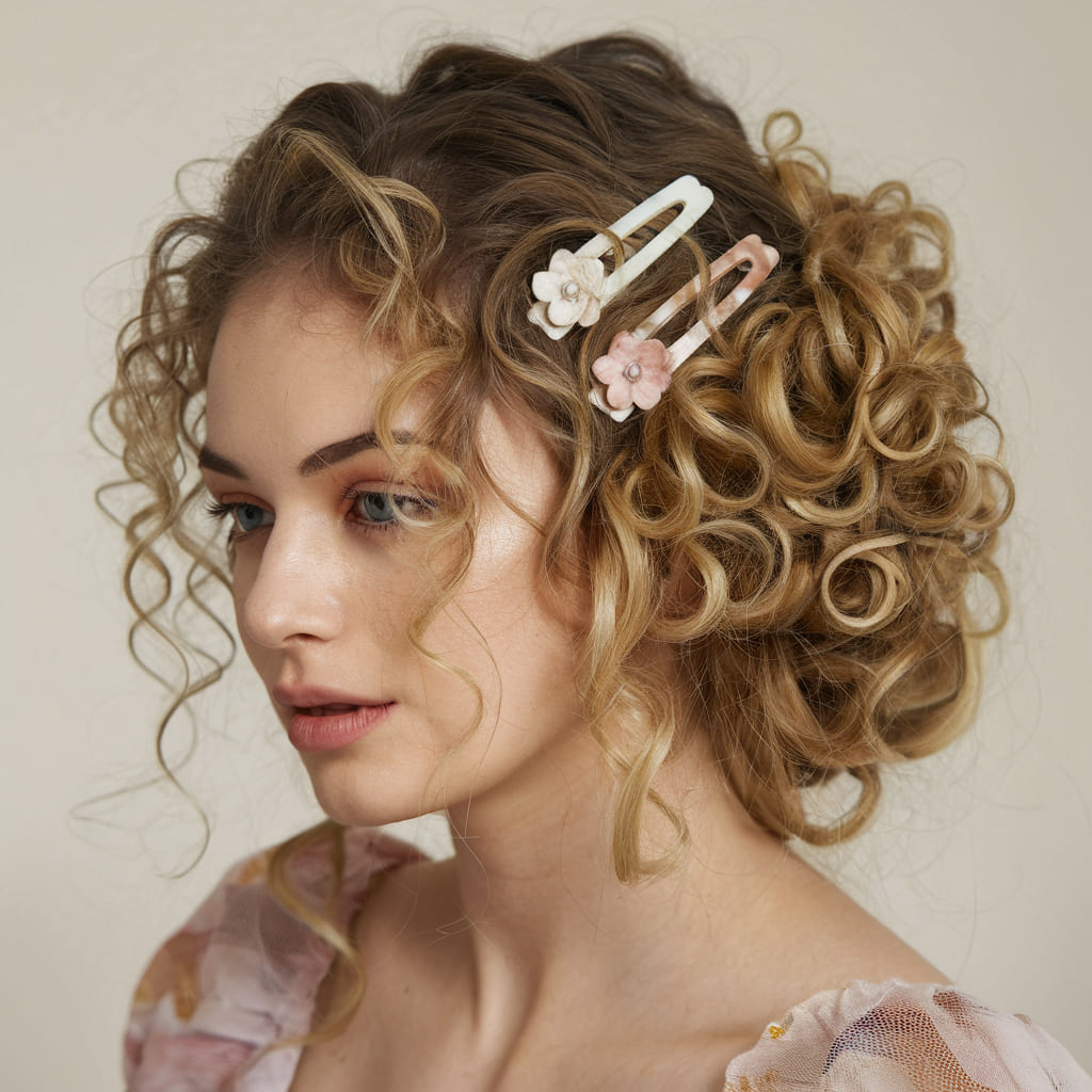 Romantic Curly Updo with Floral Clips