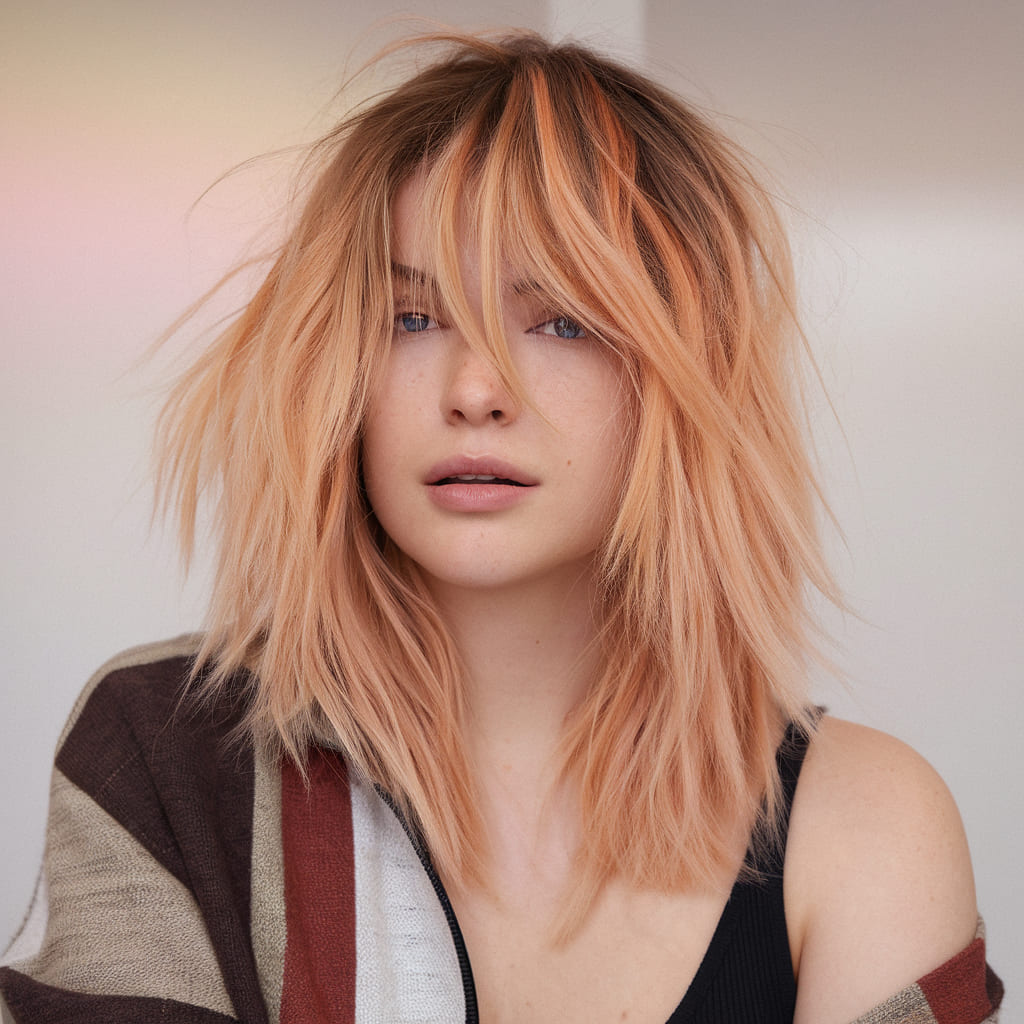 Soft Peach Balayage with Relaxed Shag