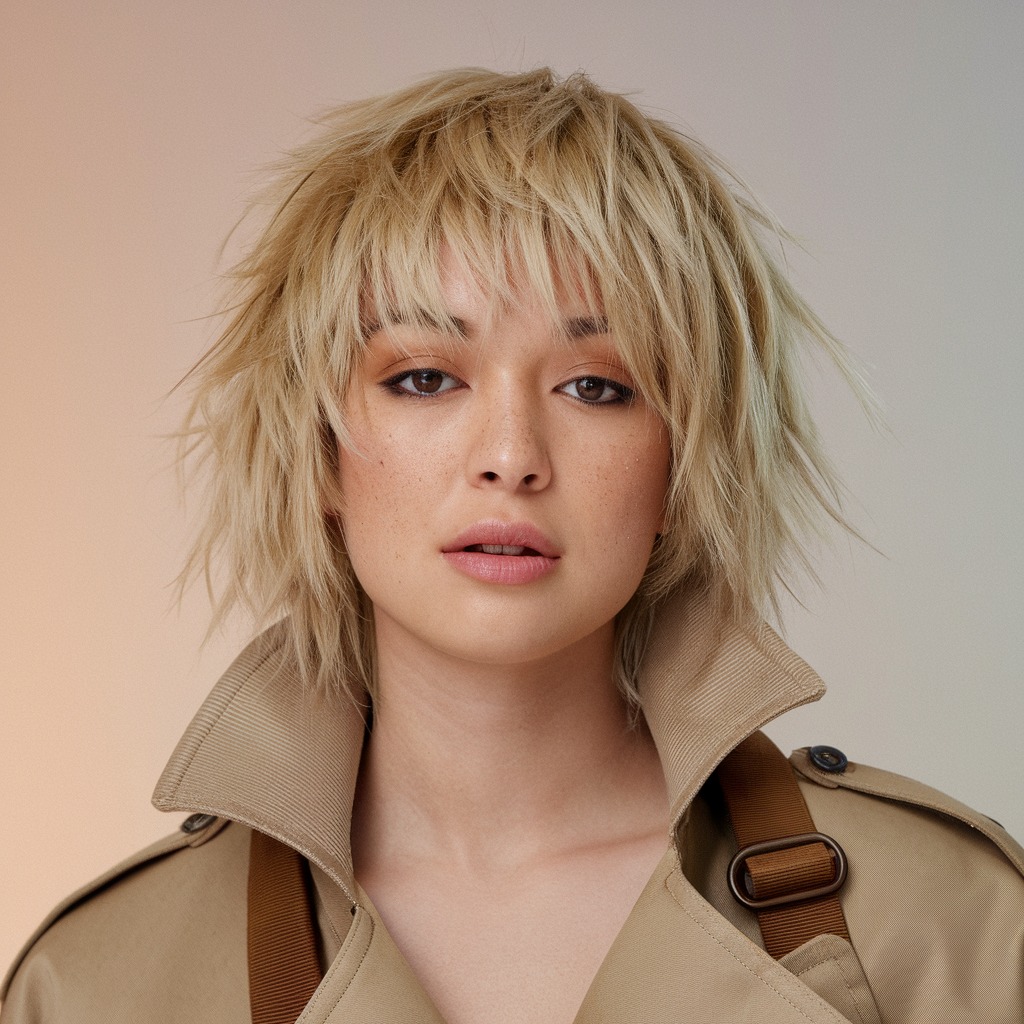 Textured Blonde Wolf Cut with Baby Bangs