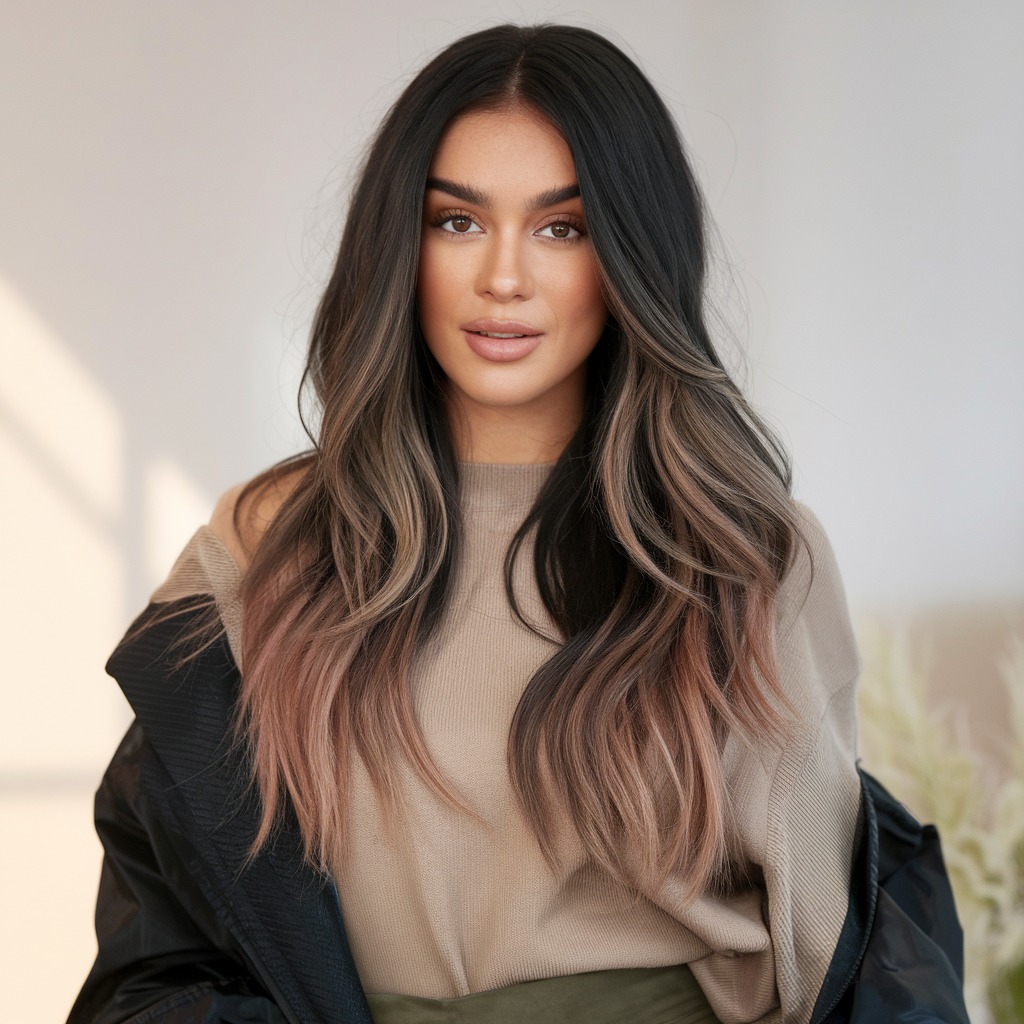 Black Hair with Bronze Balayage