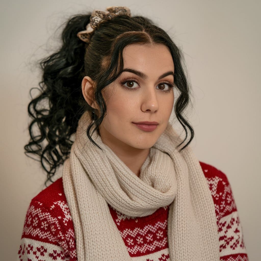 Curly Ponytail with Decorative Scrunchie