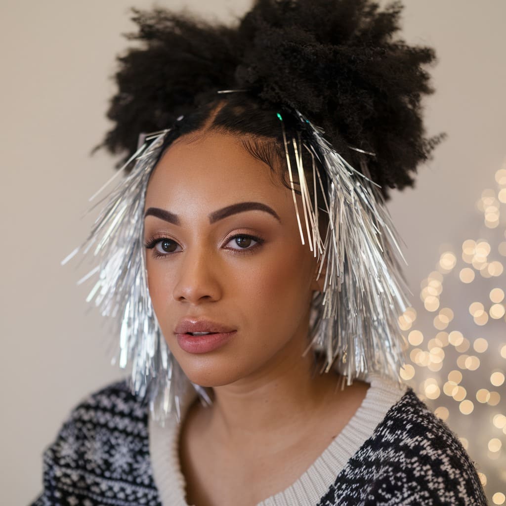 High Afro Puff with Silver Tinsel Strands