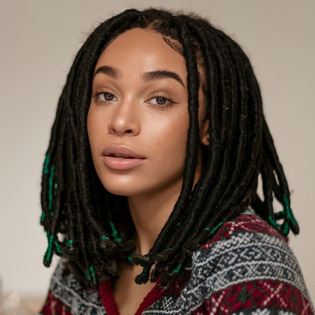 Shoulder-Length Faux Locs with Green Thread