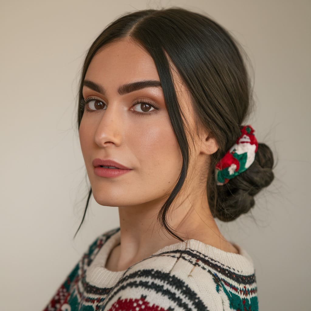 Sleek Low Bun with Festive Hair Wrap